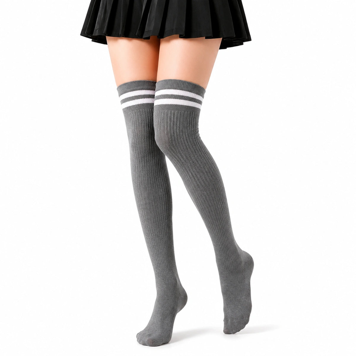 Chaussettes hautes 35-38 maille côtelée gris et blanc style sportif