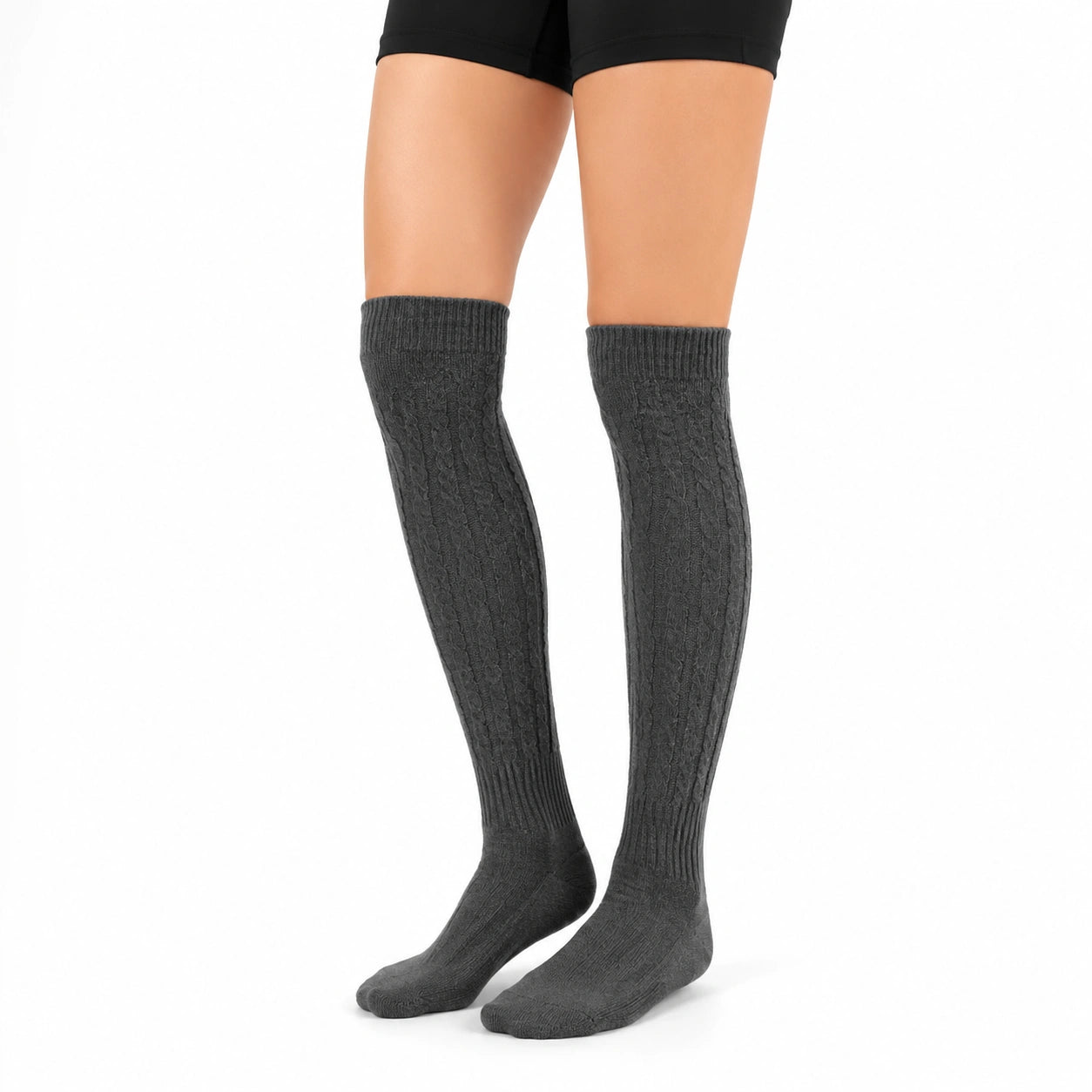 Chaussettes hautes 35-38 en maille gris anthracite à torsades style classique