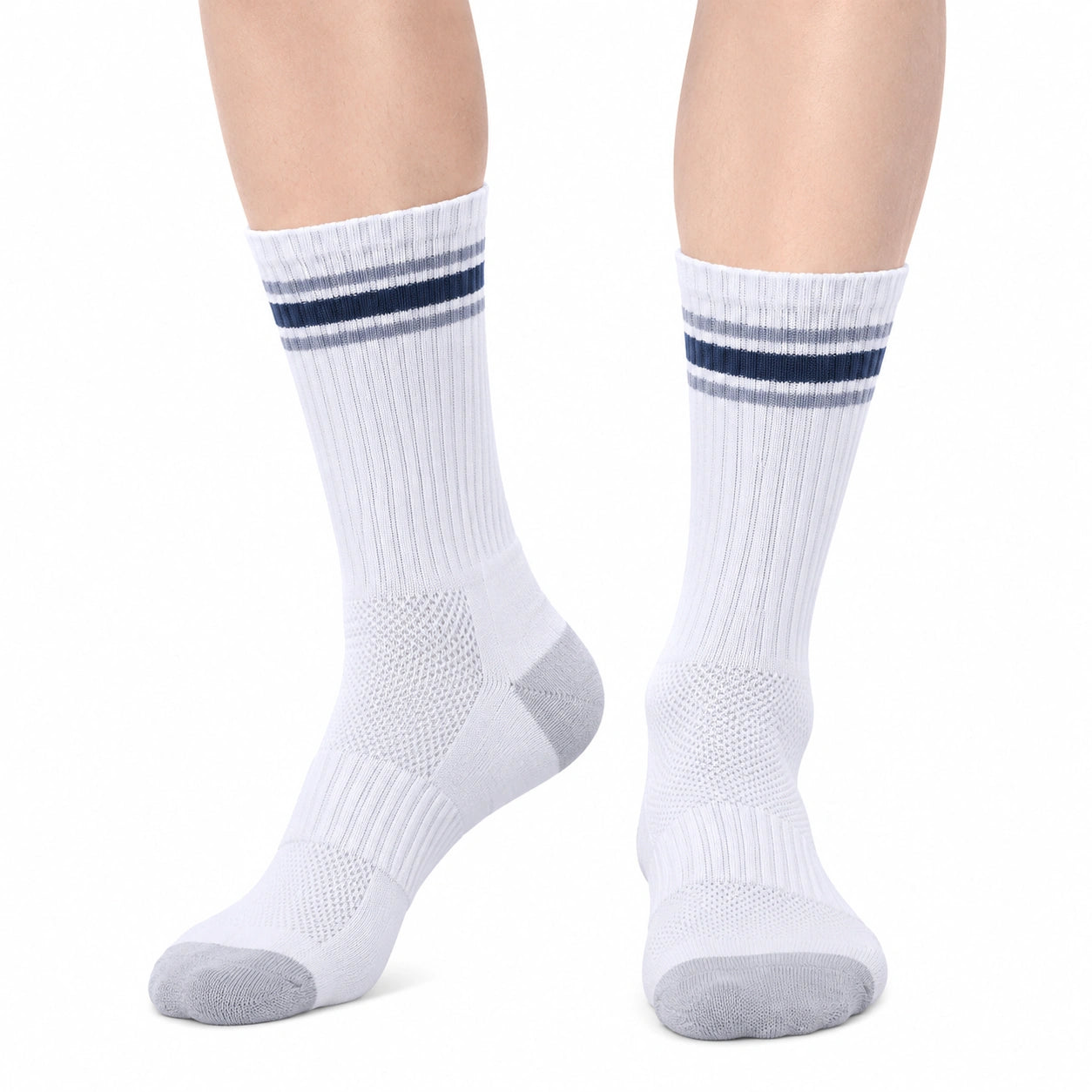 Chaussettes de sport 35-38 en maille blanche gris bleu marine à rayures respirantes