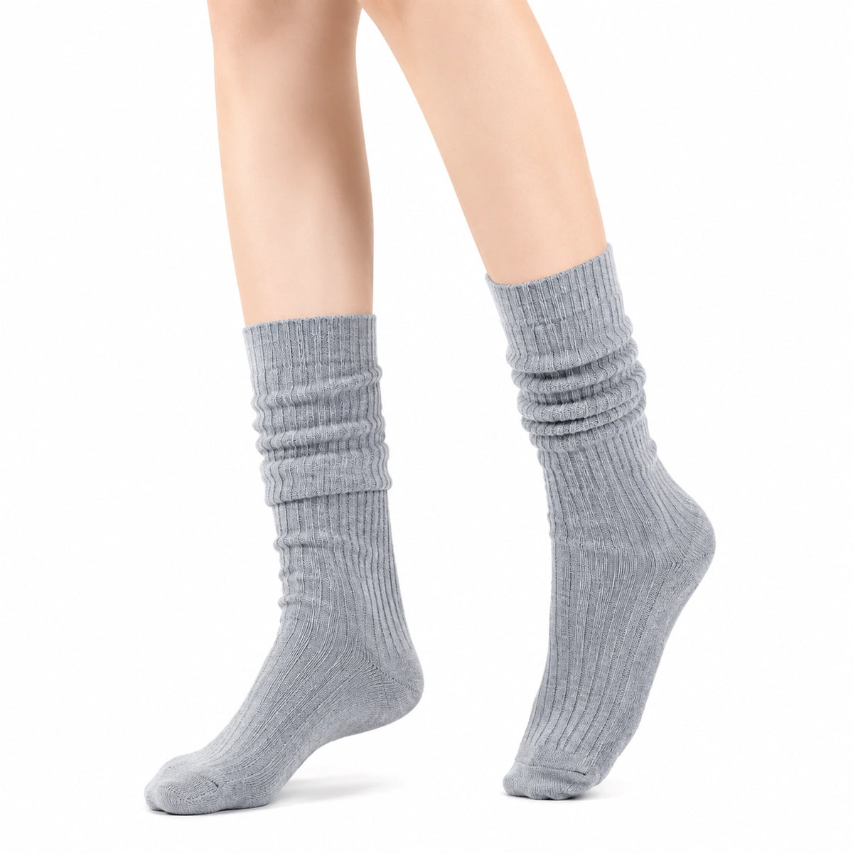 Chaussettes mi-mollet 35-38 en maille grise côtelée à effet plissé
