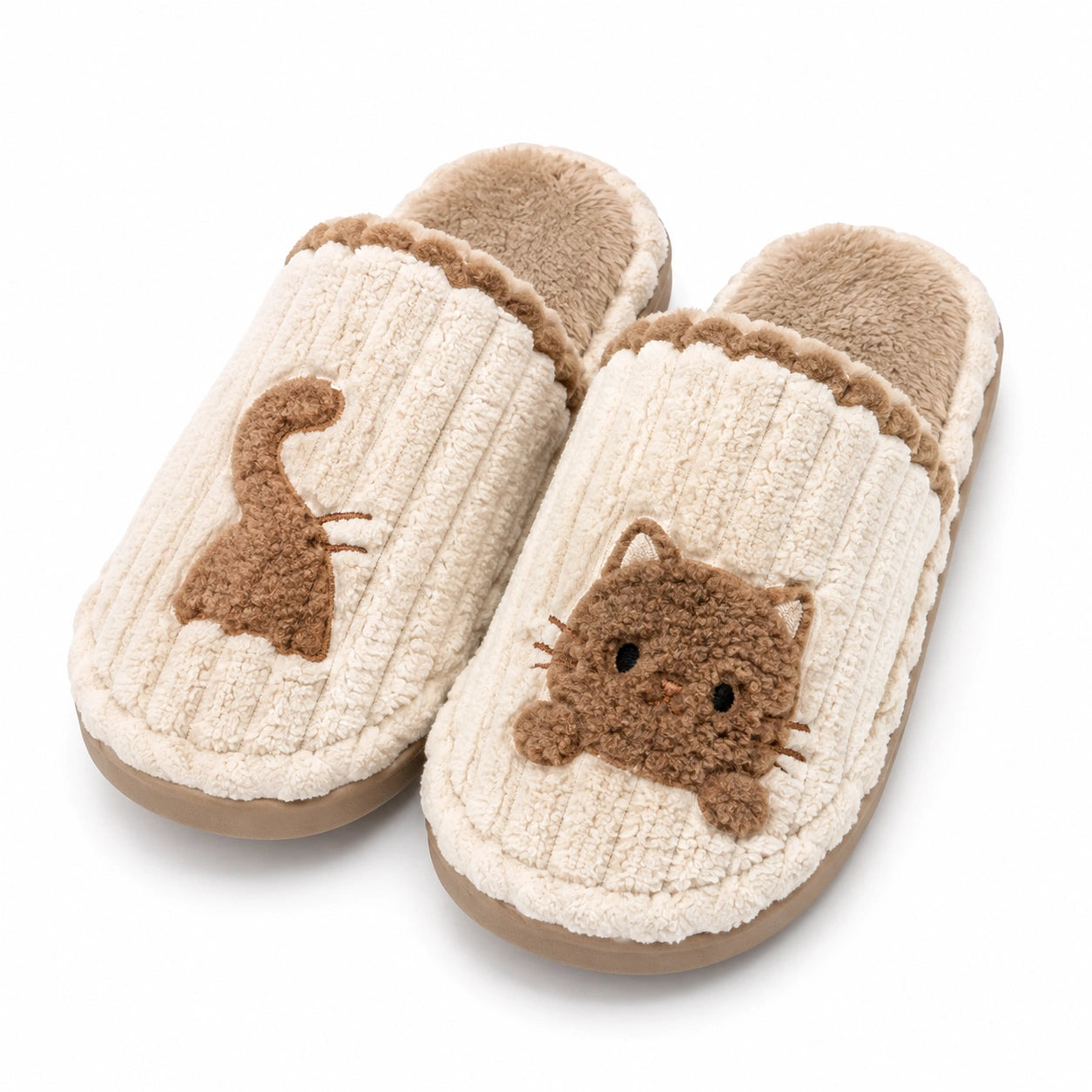 Chaussons d'intérieur 40/41 en textile peluche beige marron à enfiler motif chat